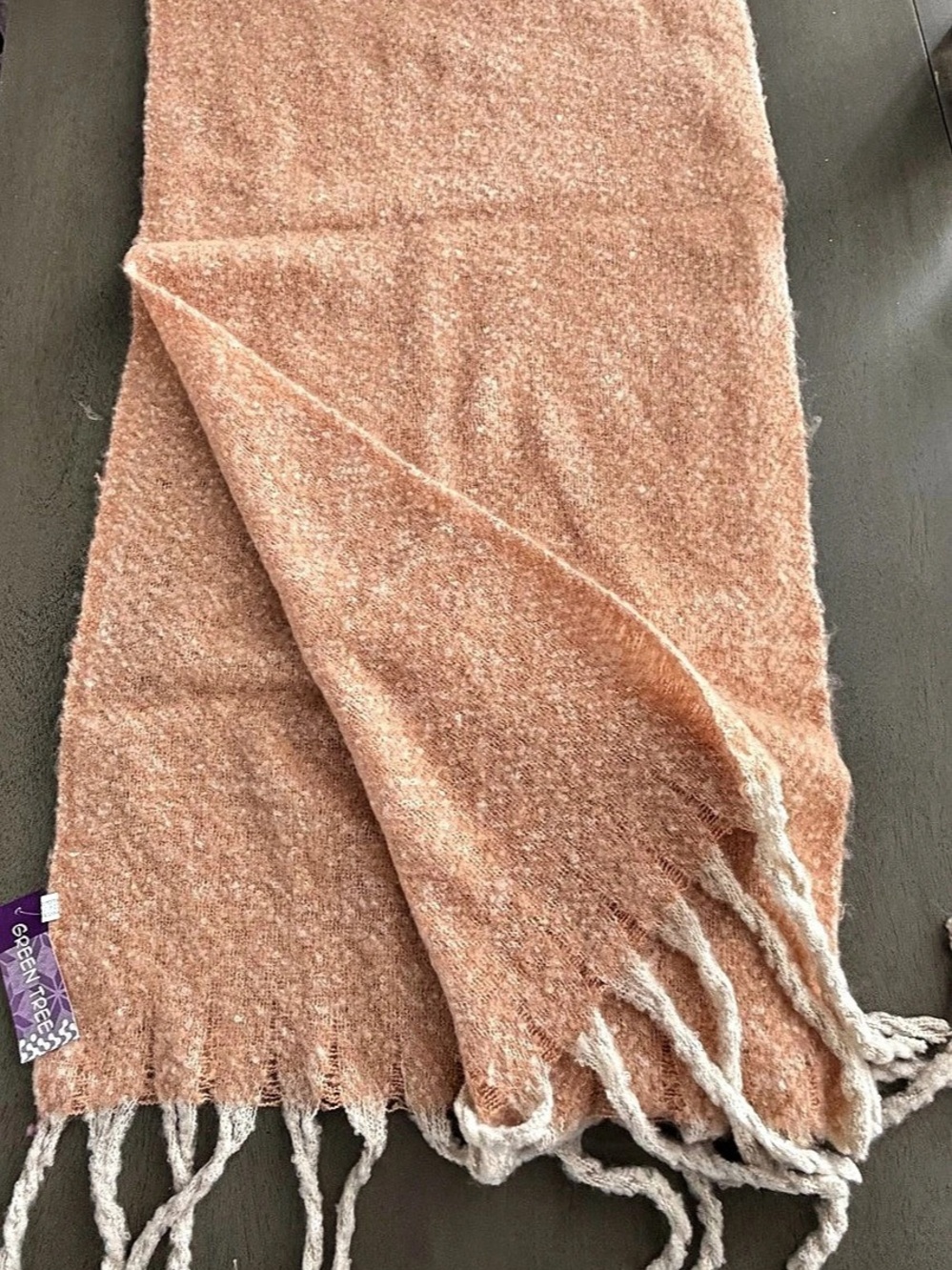Green Tree Fringe Scarf in Orange & Cream NWT